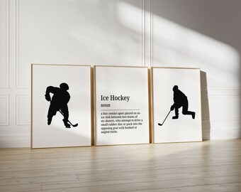 Ice Hockey Wall Art, Hockey Prints, Boys Room Decor, Hockey Poster, Set of 3 Prints, Printable Art, Digital Download, Boys Bedroom Wall Art