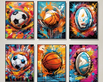 Puede incluir: Seis pinturas abstractas coloridas con una variedad de pelotas de deporte en el centro de cada una. Las pelotas incluyen un balón de fútbol, un balón de baloncesto y un balón de rugby.