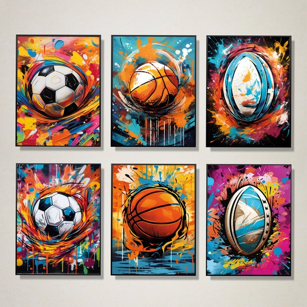 Set of 6 Sport Graffiti Wall Art, Football Decor, Basketball Prints, Rugby Wall Decor, A4 Digital Download, Boys Bedroom Wall Art For Son