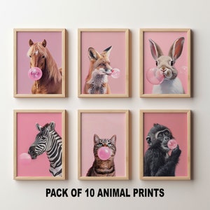 Estampados de animales rosas, póster de animales, impresiones divertidas, sala de estar/dormitorio/cocina, arte de pared de galería, descarga digital, estampado animal digital, decoración