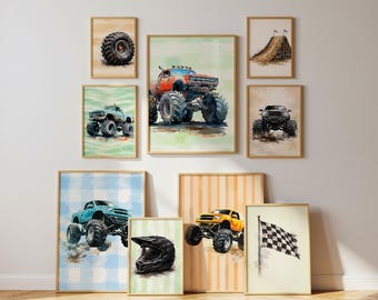 Conjunto de 9 pôsteres de Monster Truck para decoração de parede de quarto de menino, pôsteres digitais de caminhões para berçário.