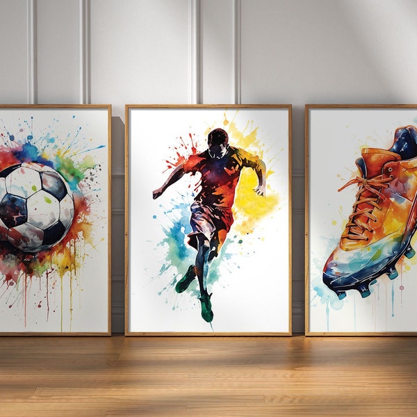 Ensemble de 3 impressions d’art mural de football, impressions de football, décor de chambre de garçons, cadeau pour les garçons, impressions de football colorées, affiches de football, art du football