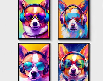 Set of 4 gaming prints, gaming prints, corgi print, gamer decor, corgi wall art, pet prints, corgi poster, gaming room decor, gaming poster