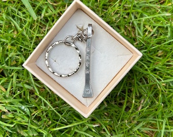 Personalized engraved horseshoe iron nail keyring- perfect for wedding anniversary gifts, birthdays, horse enthusiasts.