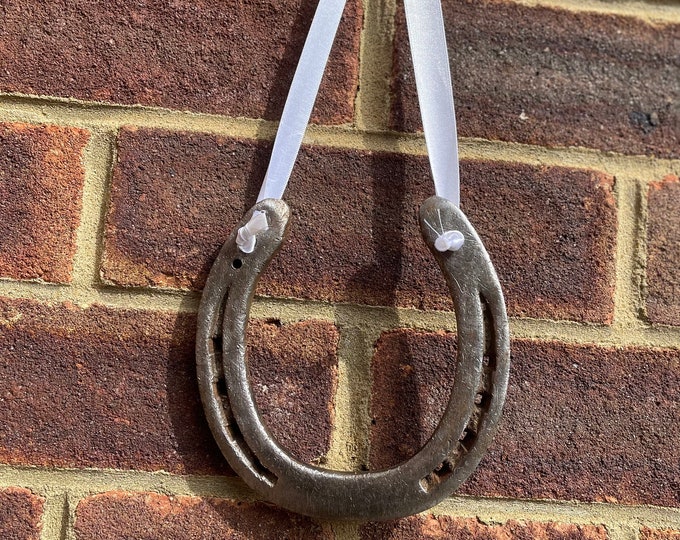 Lucky used horseshoe with hanging ribbon, perfect for wedding, anniversary, birthday gift and home decor, option to paint and engrave.