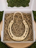 Lucky Gold Horseshoe- genuine used horseshoe, perfect for a wedding gift, anniversary, home decor. Engraving available, gift box