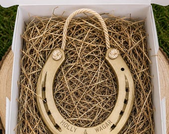 Lucky Gold Horseshoe- genuine used horseshoe, perfect for a wedding gift, anniversary, home decor. Engraving available, gift box