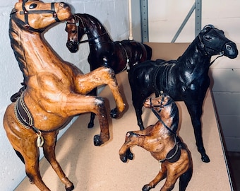 Vintage Antique Leather Horse Figurine Statues (Set of 4)