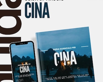 May include: A guide to traveling in China, with the text "GUIDA DI VIAGGIO CINA" at the top of the image. The guide is available in both a physical book and a digital format. The book cover features a man in a boat with a lantern, and the digital version is shown on a smartphone.