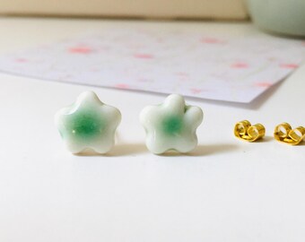 Handmade Porcelain Star Earrings, Jade-Green Celadon Glaze