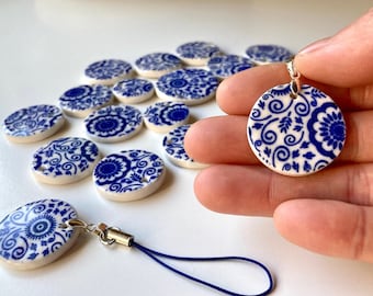 Porcelain Phone Charm / Blue and White / Handmade Charms / Sterling Silver / DYI Project