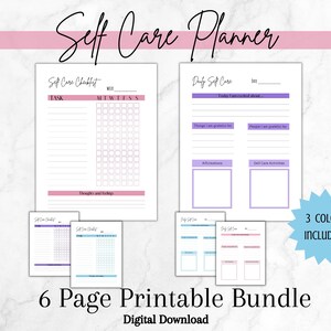 May include: A printable self-care planner bundle with six pages. The planner includes a checklist, daily self-care log, and gratitude sections. The pages are available in three colors: blue, pink, and purple.