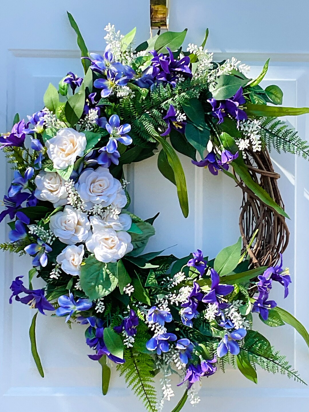 Large Spring and Summer Front Door Wreath Purple Violets, Lilies, White ...