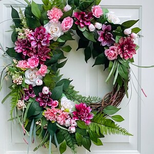 Large Front door Crescent Wreath with Pink and White Roses, Ferns, Dahlias; Spring Wreath, Summer Wreath, Gift for Mom; Gift for wife;
