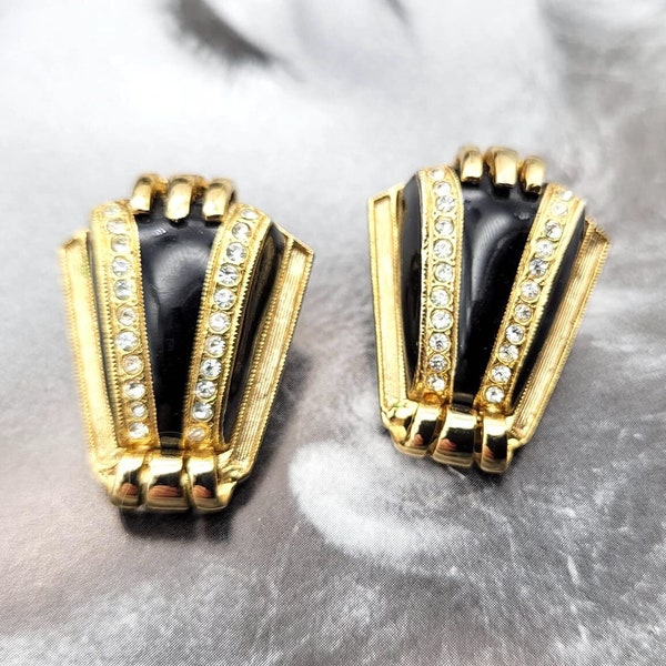 Vintage Helena Rubenstein gold clip on earrings, black enamel and clear crystals, exquisite jewellery, elegant earrings, designer arrings