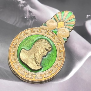 Clip da scrivania vintage smaltata in ottone Smaltotex Made in Grecia, Dea e Acropoli
