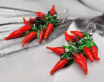 Pendientes vintage Murano Chilli, pendientes colgantes de cristal pendientes venecianos, pendientes rojos,