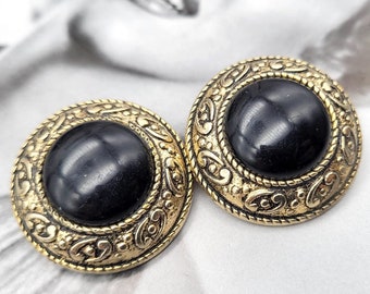 Vintage large resin clip on earrings, gold and black resin earrings, exquisite jewellery, elegant earrings