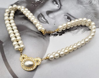 collier tour de cou perles vintage, collier de perles, bijoux tour de cou perles des années 1970, collier de perles pendentif cristaux clairs