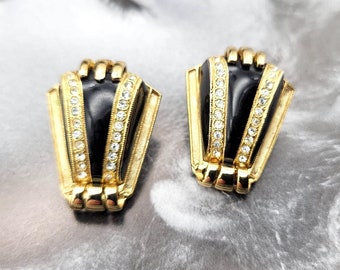 Vintage Helena Rubenstein gold clip on earrings, black enamel and clear crystals, exquisite jewellery, elegant earrings, designer arrings