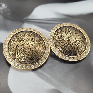 Vintage Rochas Paris gold plated clip on, clear crystals and pearls, exquisite jewellery, elegant earrings, large earrings