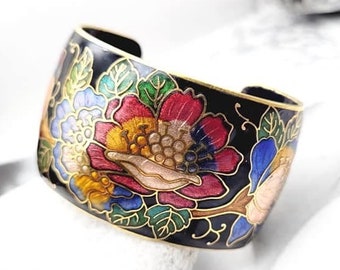 Vintage Cloisonné emailliertes Manschettenarmband, Blumenarmband. breiter Armreif, breites Armband