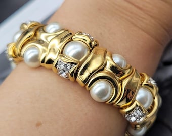 Vintage 90&#39;s Cabochon triple 18ct gold plated bracelet with Austrian  clear crystals and white pearls, gold bracelet
