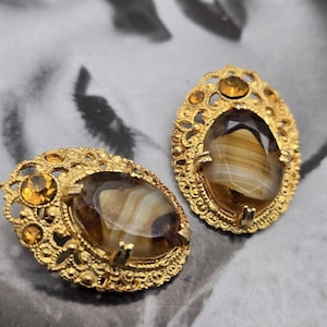 Vintage Sphinx style gold clip on earrings, tiger eye gemstones and gold earrings, exquisite earrings, elegant earrings, party earrings