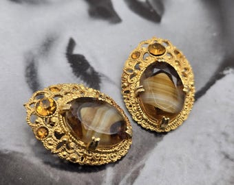 Boucles D'oreilles à Clip Vintage – Or Et Turquoise, Style Années 60, Pierre Naturelle