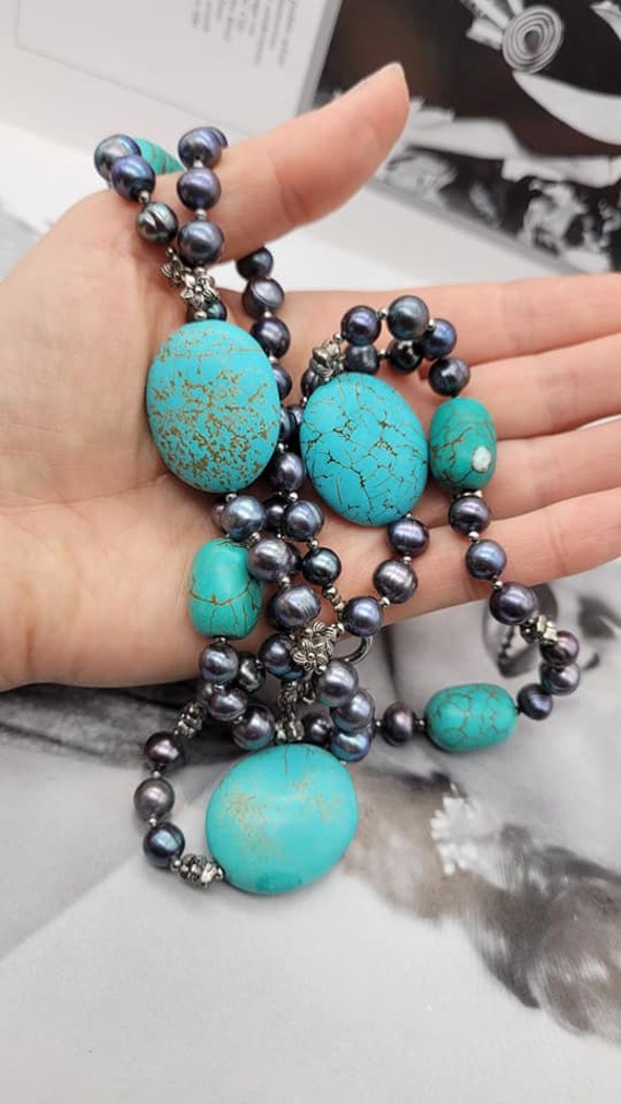 Vintage Turquoise stones and peacock cultured fre… - image 4