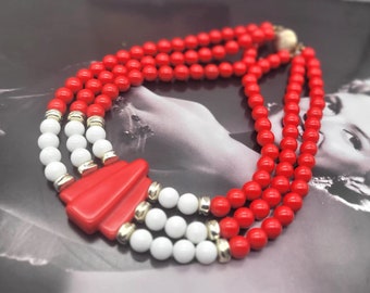 Vintage White and red resin and glass necklace, retro party, elegant necklace, party earrings