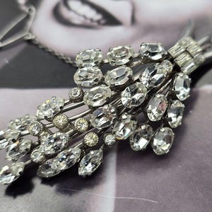 Vintage Czech Crystal Brooch: Silver Metal Floral Pin