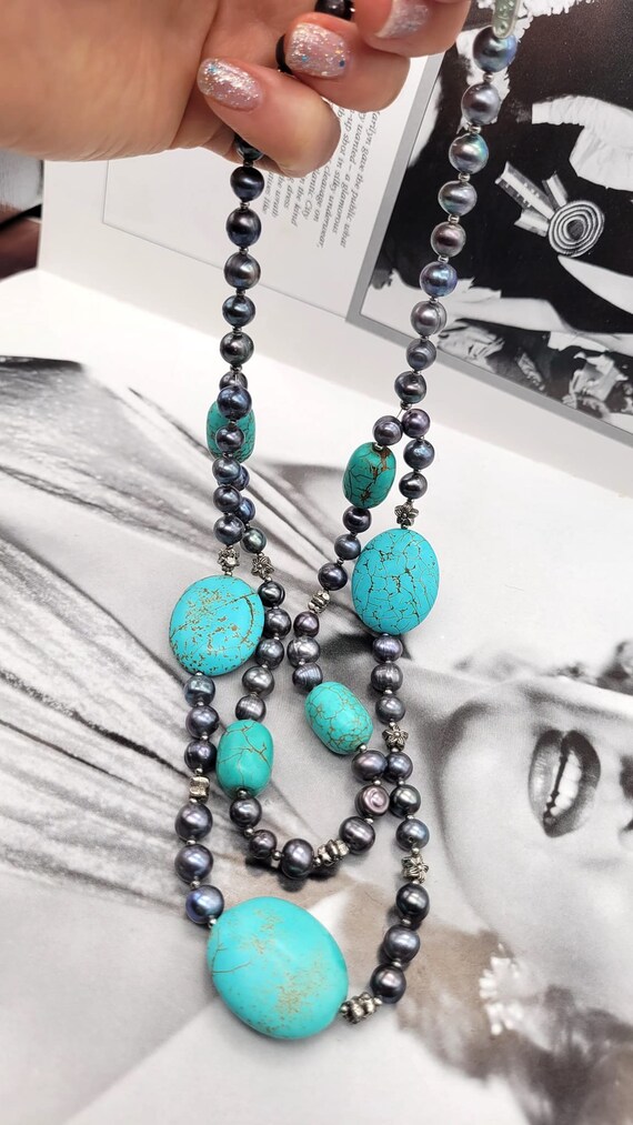 Vintage Turquoise stones and peacock cultured fre… - image 5