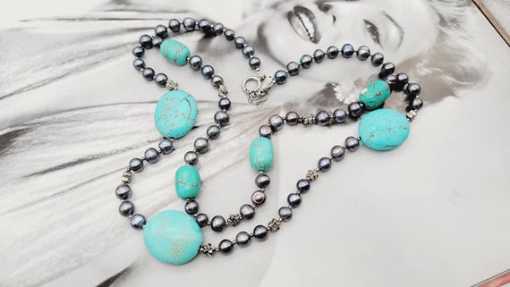 Vintage Turquoise stones and peacock cultured fre… - image 3