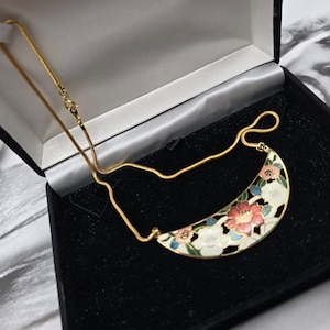 Vintage Cloisonné style gold plated and enamel necklace, flowers gold necklace, elegant jewellery, enamel necklace
