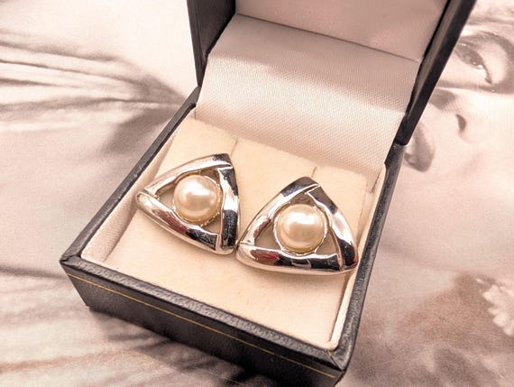 Boucles D'oreilles Anciennes En Métal Argenté Avec Perles - Style Vintage - Occasion