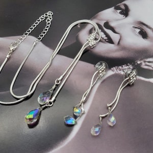 Vintage Aurora Borealis  jewellery set necklace and dangle earrings, silver plated and crystals, dainty jewellery