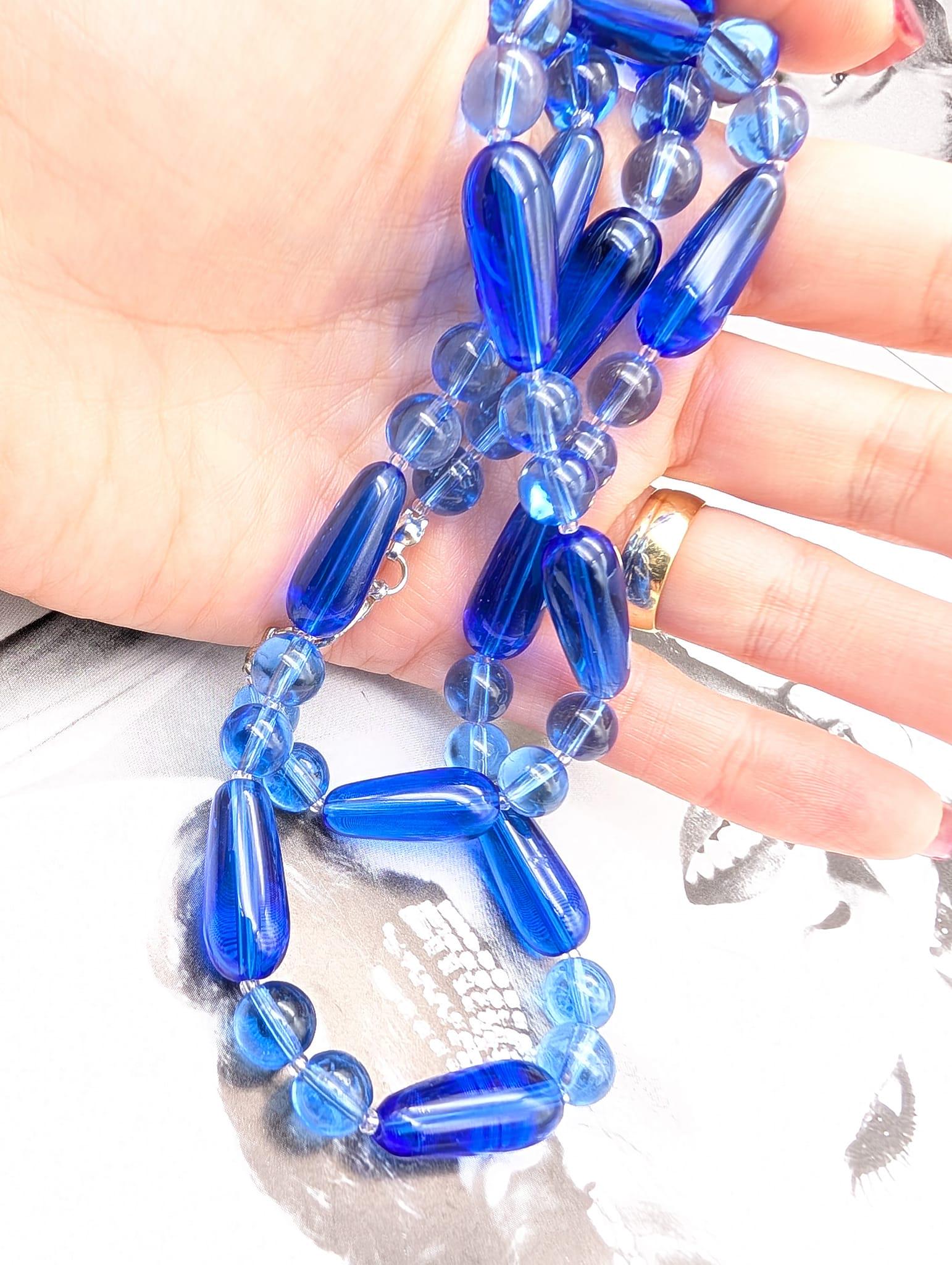 Collier Vintage Perles De Verre Bleu - 5 Rangs - Bijou Ancien Fashion Paris