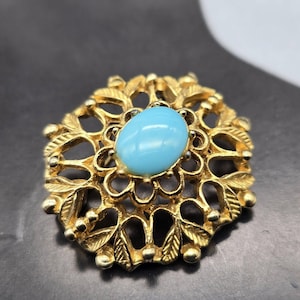 Broche Vintage Art Déco écaille & Perles Turquoises Années 1940 - Diamètre 4.8 Cm