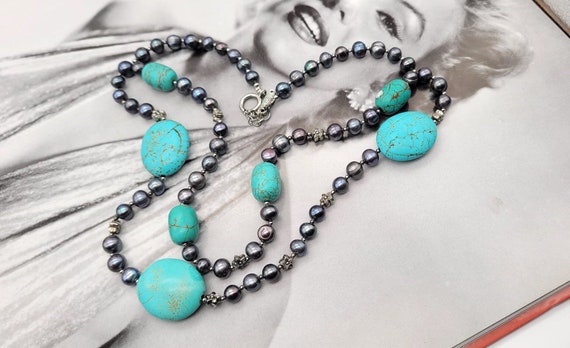 Vintage Turquoise stones and peacock cultured fre… - image 1