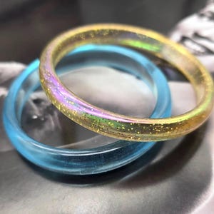Vintage Resin Bangle Set: Blue & Yellow Aurora Borealis Plastic Jewelry