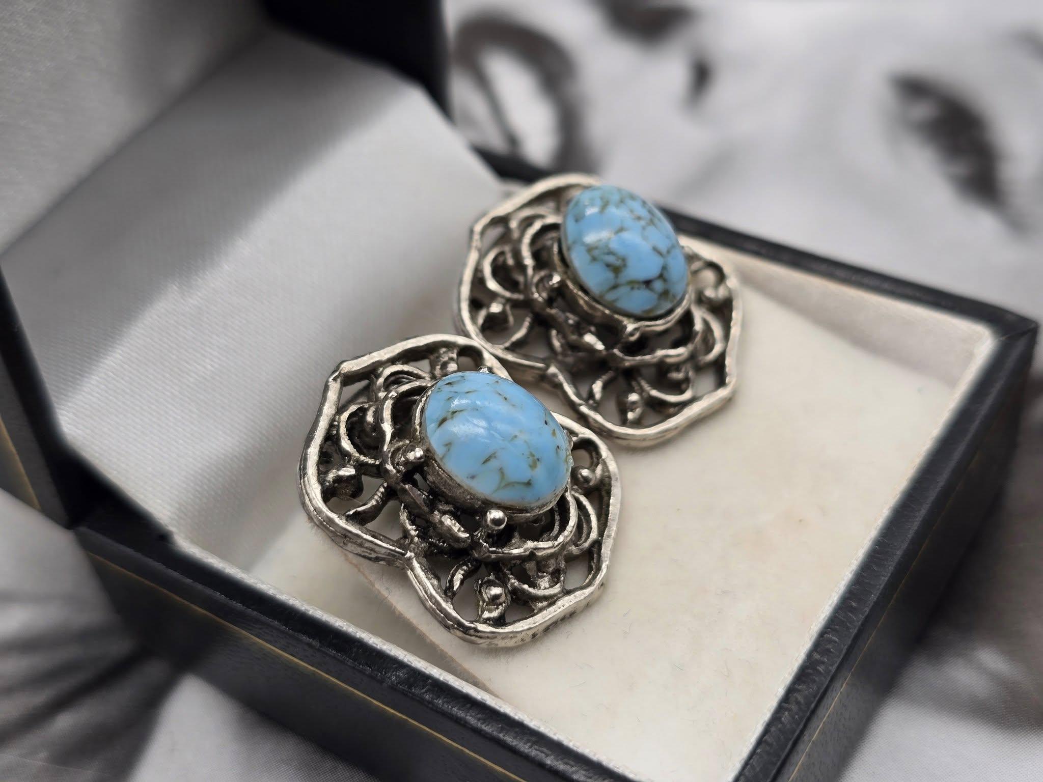 Boucles D'oreilles Anciennes Clip ITALY - Motifs Turquoise Et Noir, Style Vintage Années 70/80