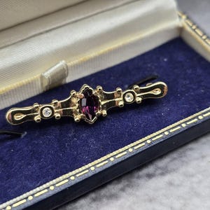 Vintage Edwardian 9ct gold brooch, dimond and amethyst bar brooch, Art Deco pin, stick brooch