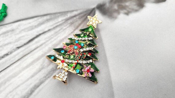 Broche Noël Arbre De Noël En Alliage - 4,2x2,7 Cm, Décorée Strass - Accessoire Cadeau Pour Femme, Décoration Vêtement, Sac, écharpe - 3