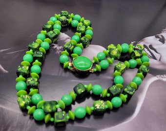 Collier Vintage Perles En Pâte De Verre Et Malachite Naturelle - Vert Ancien - Occasion