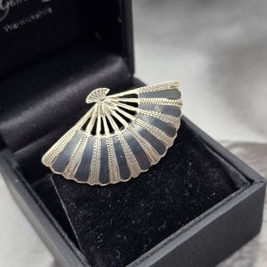 Vintage Siam Sterling Silber Fächer Design Brosche, Schwarze Niello Arbeit, Hinduistische Göttin Mekhala