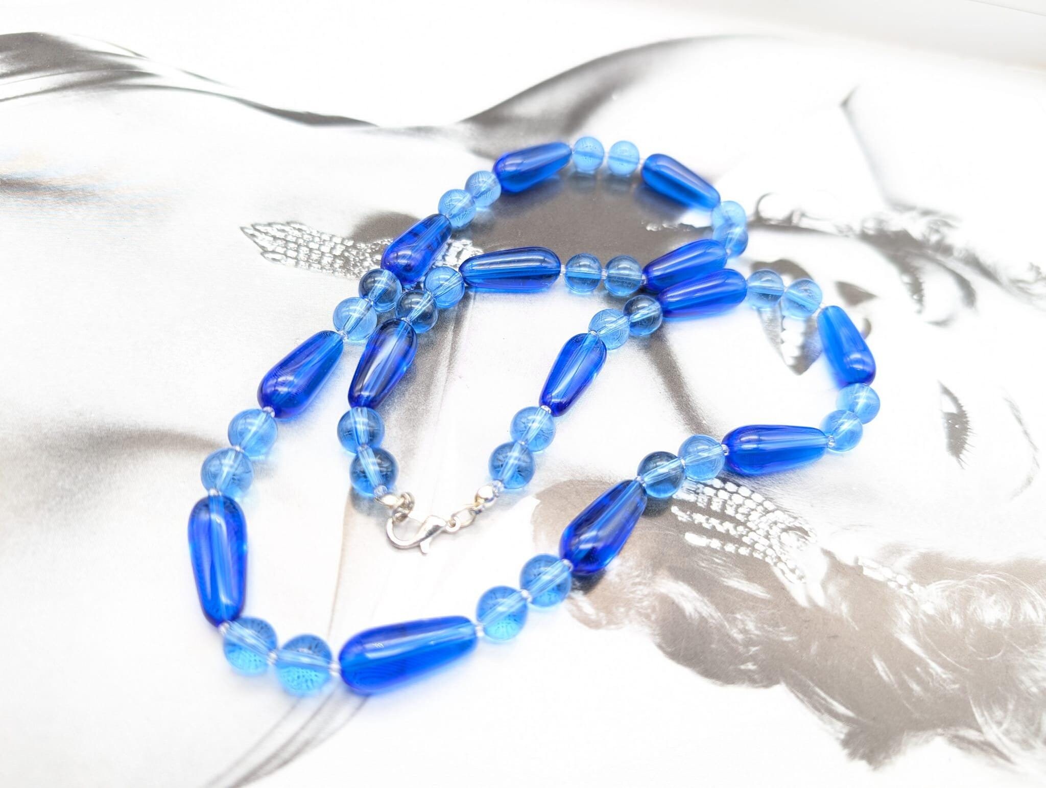 Collier Vintage Perles De Verre Bleu - Bijou Ancien Occasion Bon état