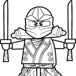 May include: A black and white line drawing of a Lego minifigure dressed as a ninja. The minifigure is holding two swords and has a serious expression on its face.
