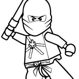 May include: Black and white illustration of a Lego ninja figure. The ninja is wearing a mask and holding a weapon. The figure has a detailed design, with a belt and a symbol on the chest.