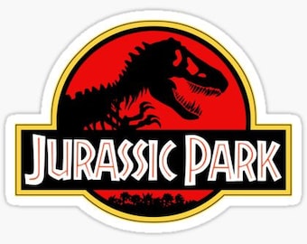 May include: A sticker with the Jurassic Park logo. It features a black Tyrannosaurus Rex silhouette on a red background, with the words "JURASSIC PARK" in white block letters. The logo is framed by a yellow and black border.